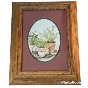 Vintage Botanical Print Oak Wood Frame  Dark Red Oval Matting 5 x 7